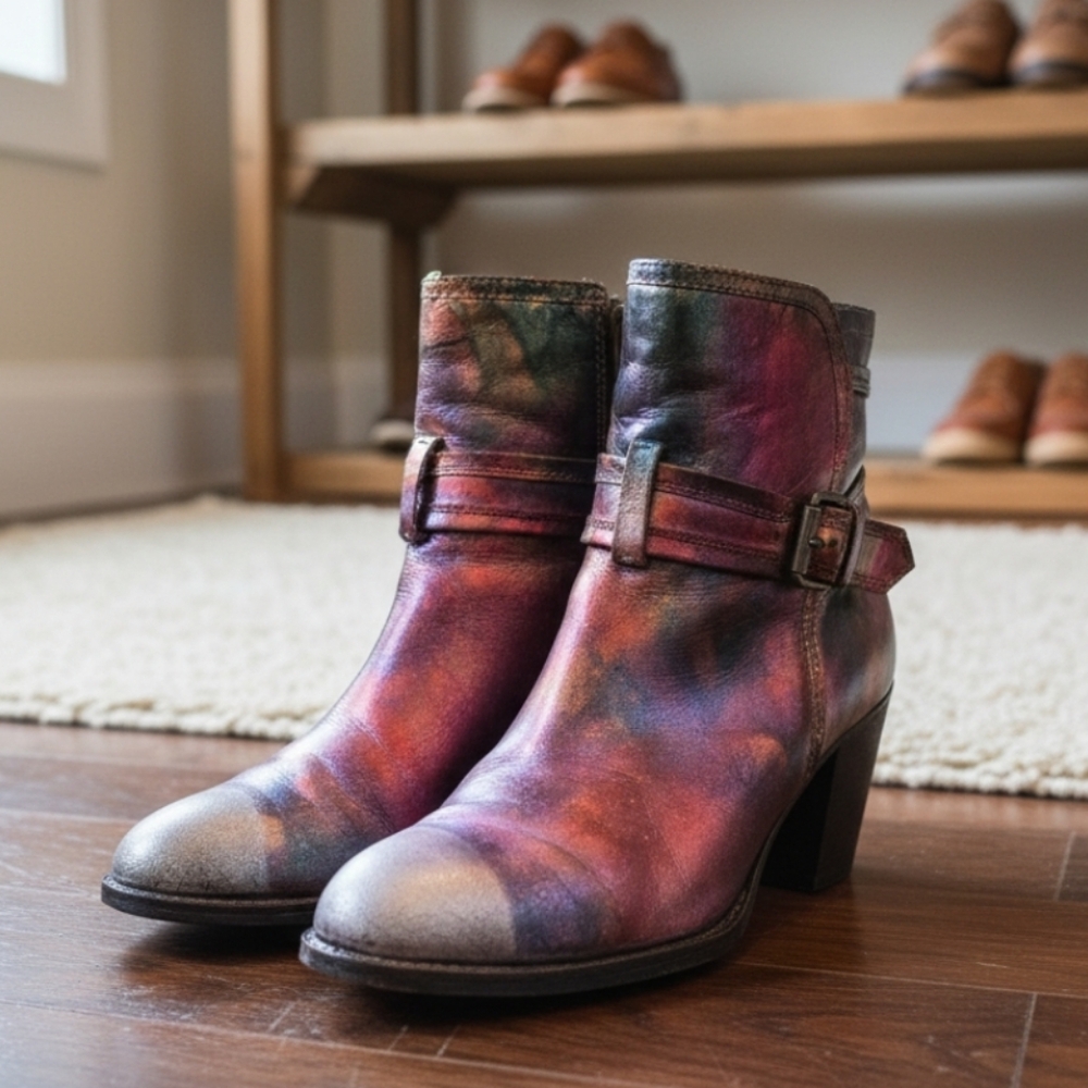 HANDCRAFTED Upcycled Leather Boots HANDPAINTED Size 9M Ankle Bootie Wearable Art